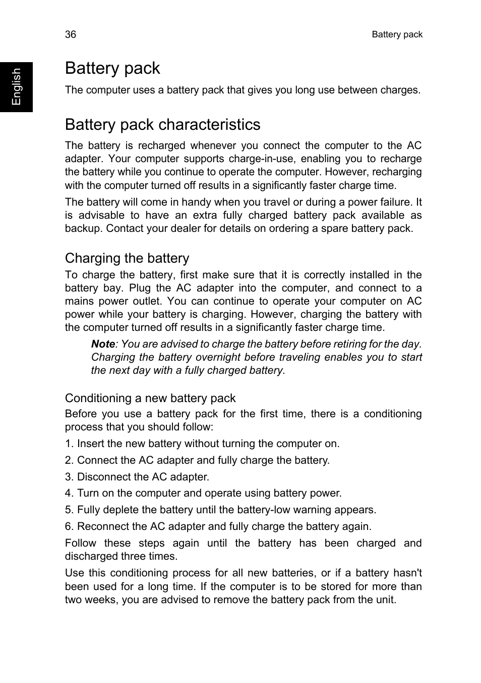 Battery pack, Battery pack characteristics, Charging the battery | Acer TravelMate P245-MG User Manual | Page 54 / 86