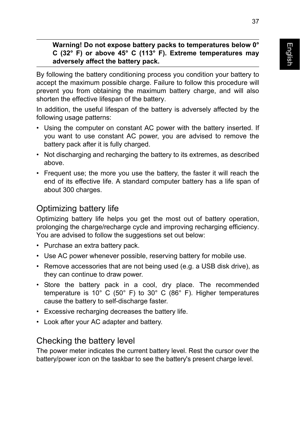 Optimizing battery life, Checking the battery level | Acer TravelMate P245-MG User Manual | Page 55 / 86