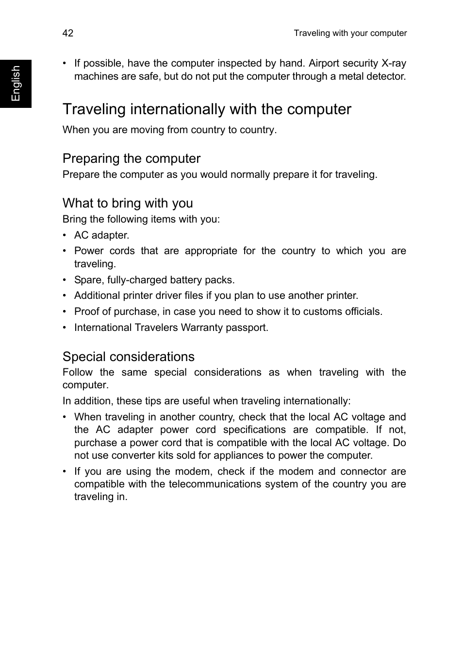 Traveling internationally with the computer, Preparing the computer, What to bring with you | Special considerations | Acer TravelMate P245-MG User Manual | Page 60 / 86