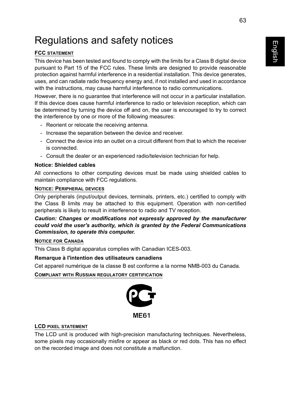 Regulations and safety notices, English | Acer TravelMate P245-MG User Manual | Page 81 / 86