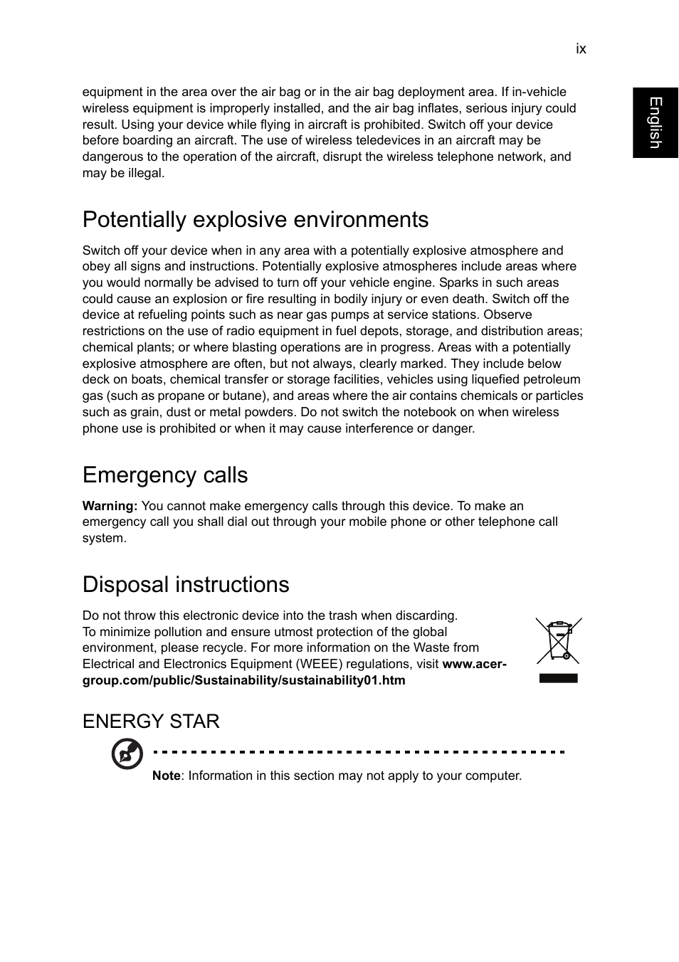 Potentially explosive environments, Emergency calls, Disposal instructions | Energy star | Acer TravelMate P245-MG User Manual | Page 9 / 86