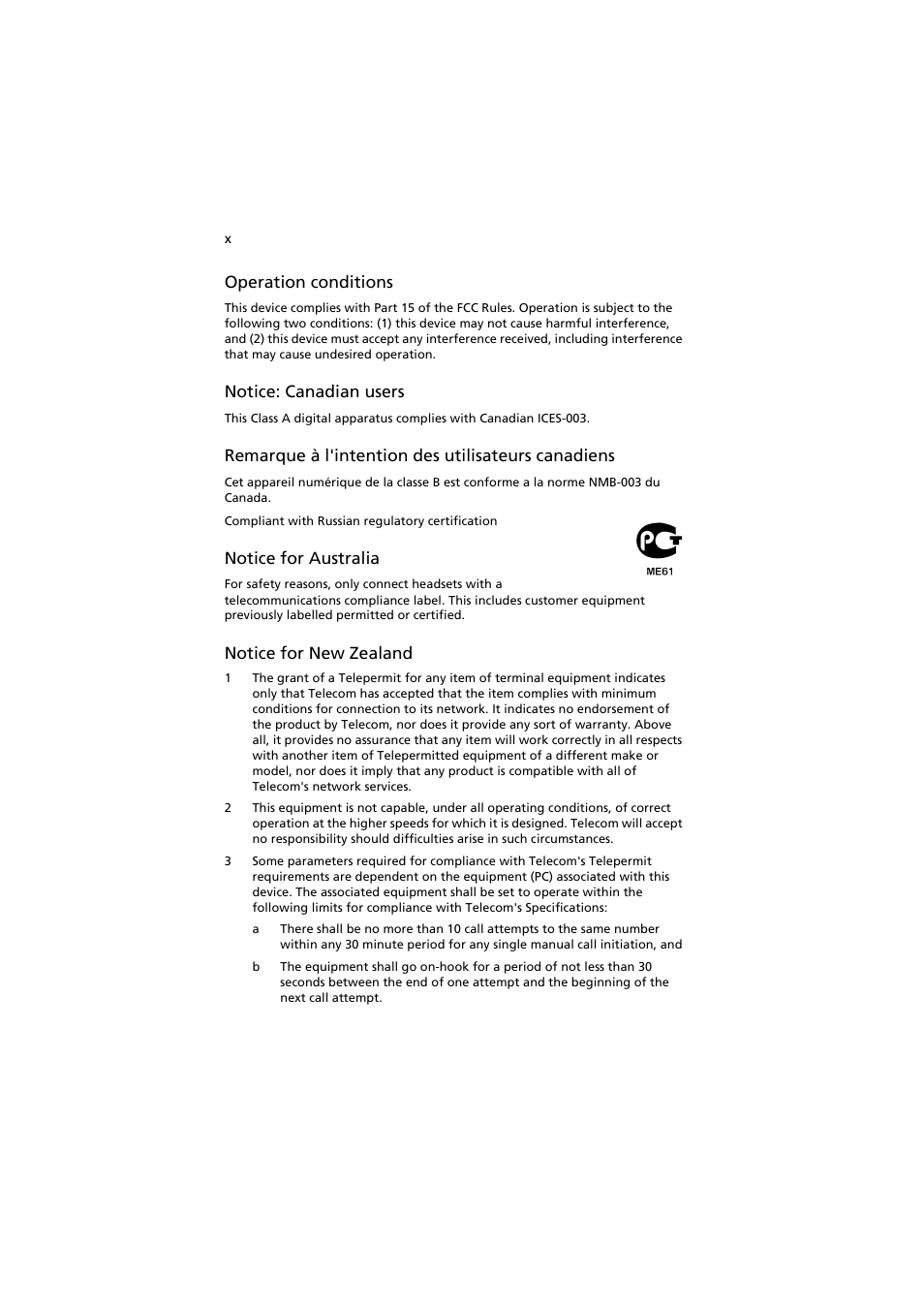 Operation conditions, Notice: canadian users, Remarque à l'intention des utilisateurs canadiens | Notice for australia, Notice for new zealand | Acer AR320 F1 User Manual | Page 10 / 171