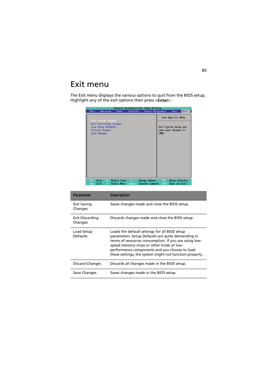 Exit menu | Acer AR320 F1 User Manual | Page 103 / 171