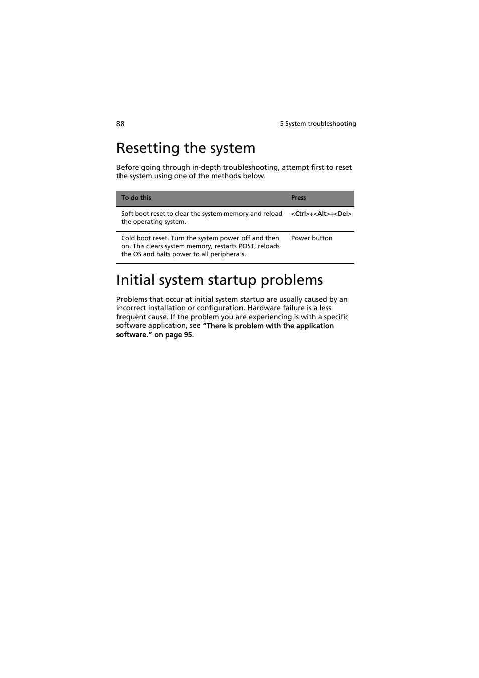 Resetting the system, Initial system startup problems | Acer AR320 F1 User Manual | Page 106 / 171