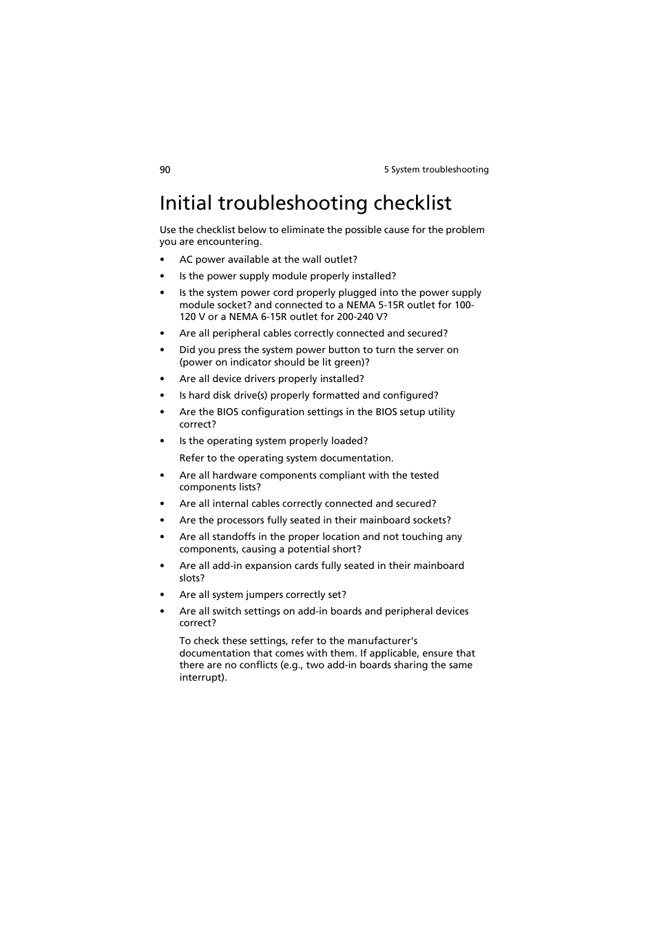 Initial troubleshooting checklist | Acer AR320 F1 User Manual | Page 108 / 171