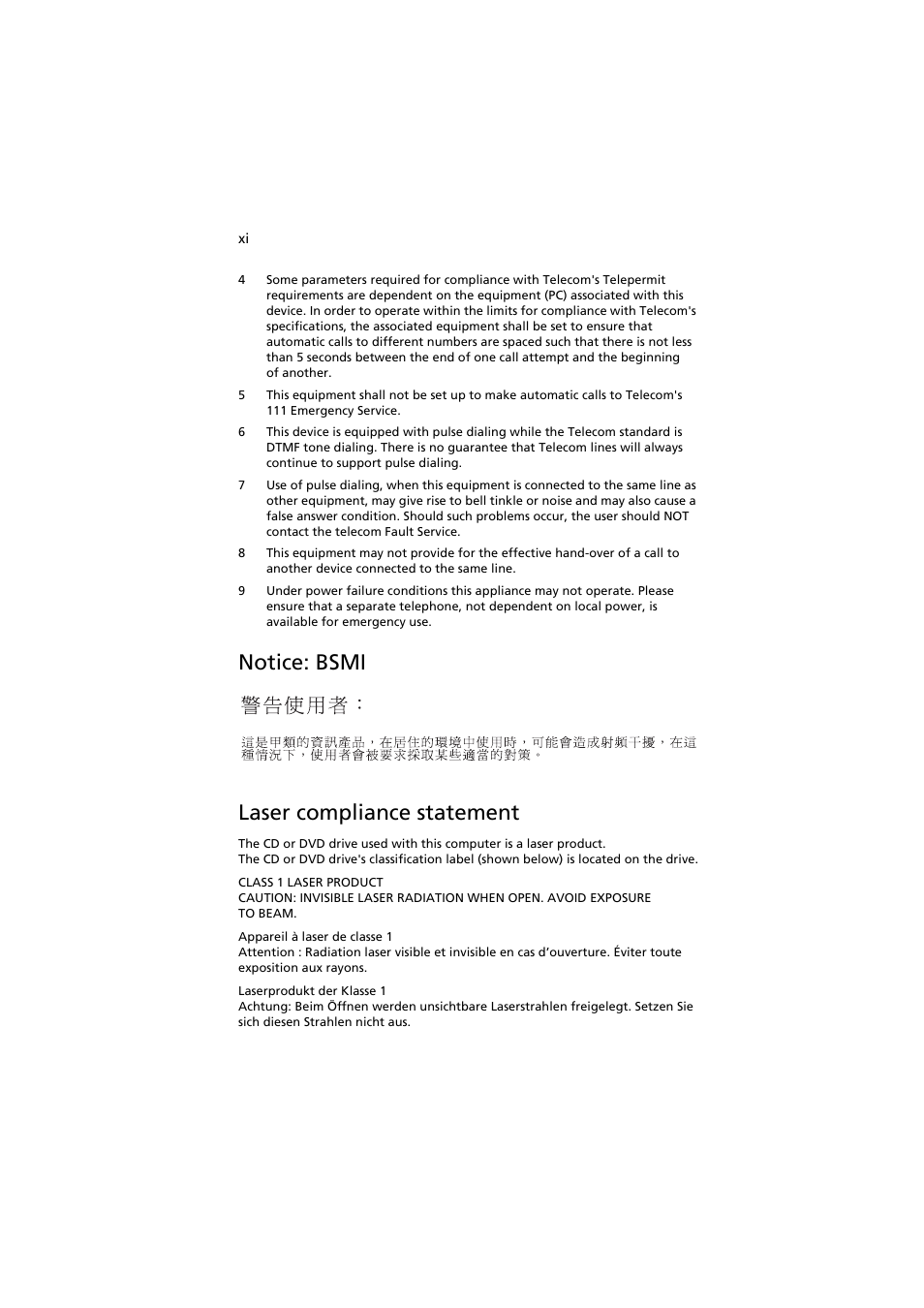 Notice: bsmi, Laser compliance statement, Notice: bsmi laser compliance statement | Acer AR320 F1 User Manual | Page 11 / 171