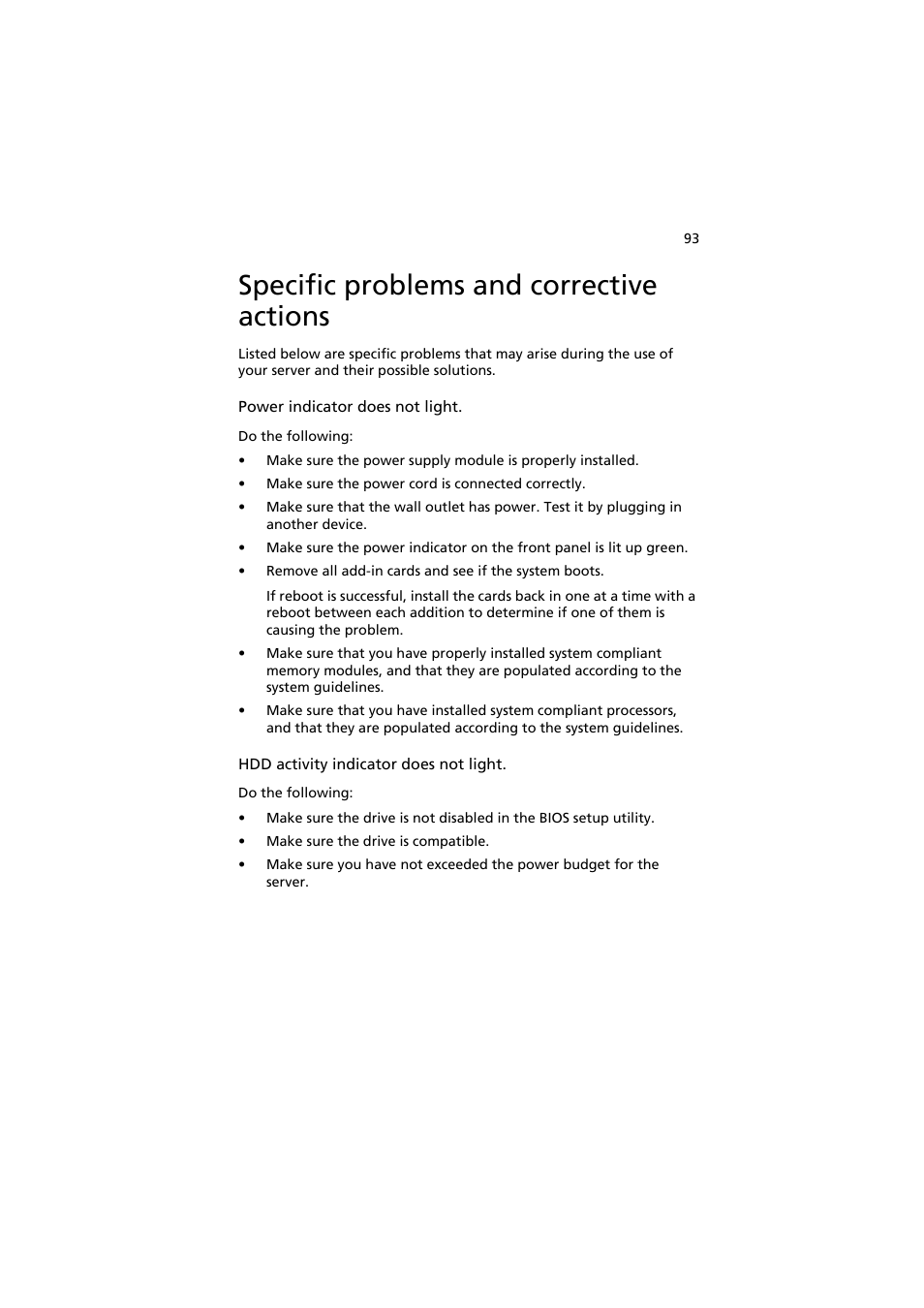 Specific problems and corrective actions | Acer AR320 F1 User Manual | Page 111 / 171