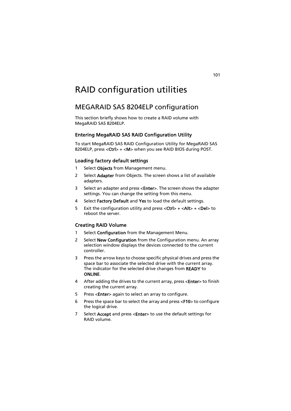 Raid configuration utilities, Megaraid sas 8204elp configuration | Acer AR320 F1 User Manual | Page 119 / 171