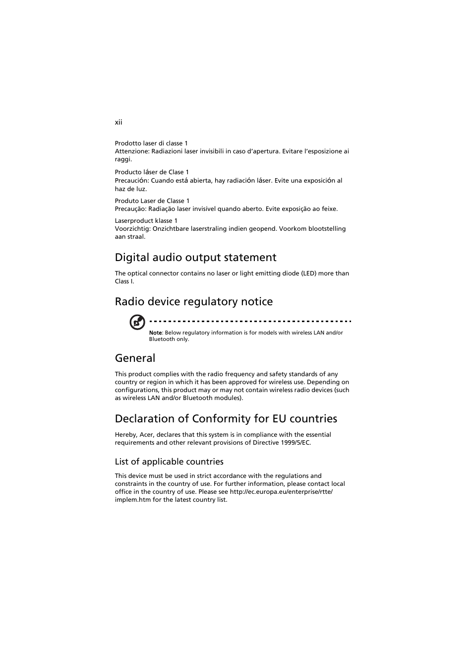 Digital audio output statement, Radio device regulatory notice, General | Declaration of conformity for eu countries | Acer AR320 F1 User Manual | Page 12 / 171