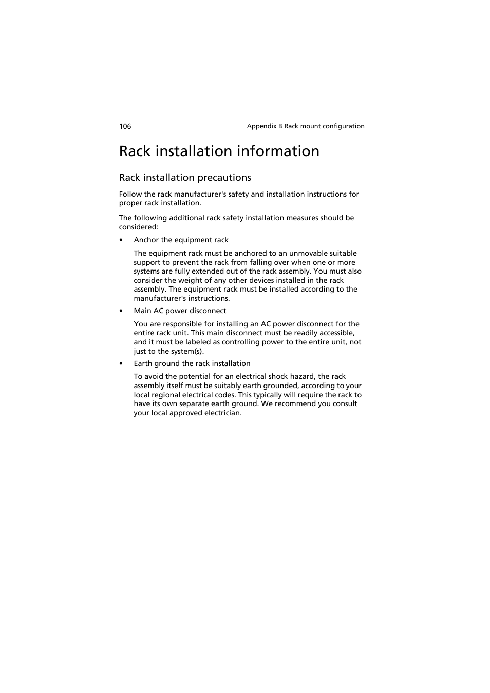 Rack installation information, Rack installation precautions | Acer AR320 F1 User Manual | Page 124 / 171