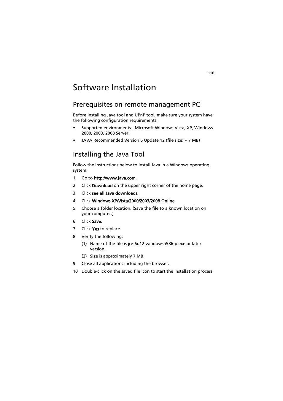 Software installation, Prerequisites on remote management pc, Installing the java tool | Acer AR320 F1 User Manual | Page 134 / 171