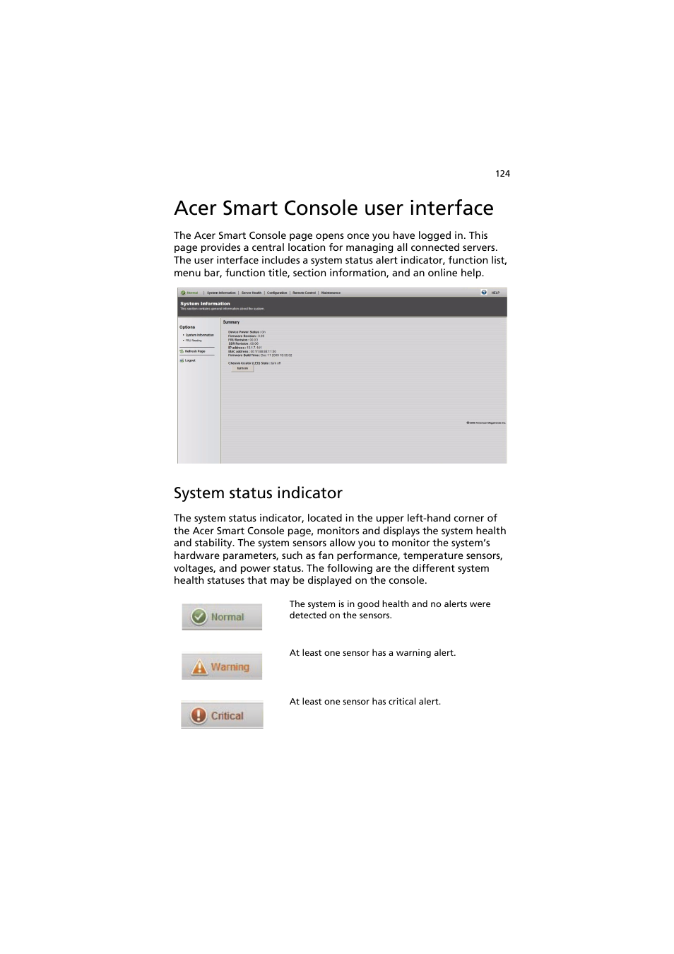 Acer smart console user interface, System status indicator | Acer AR320 F1 User Manual | Page 142 / 171