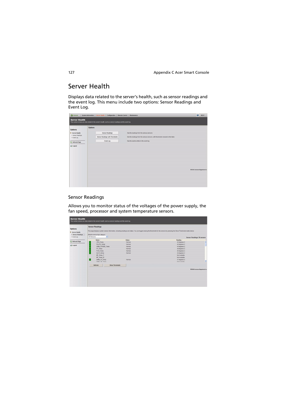 Server health | Acer AR320 F1 User Manual | Page 145 / 171