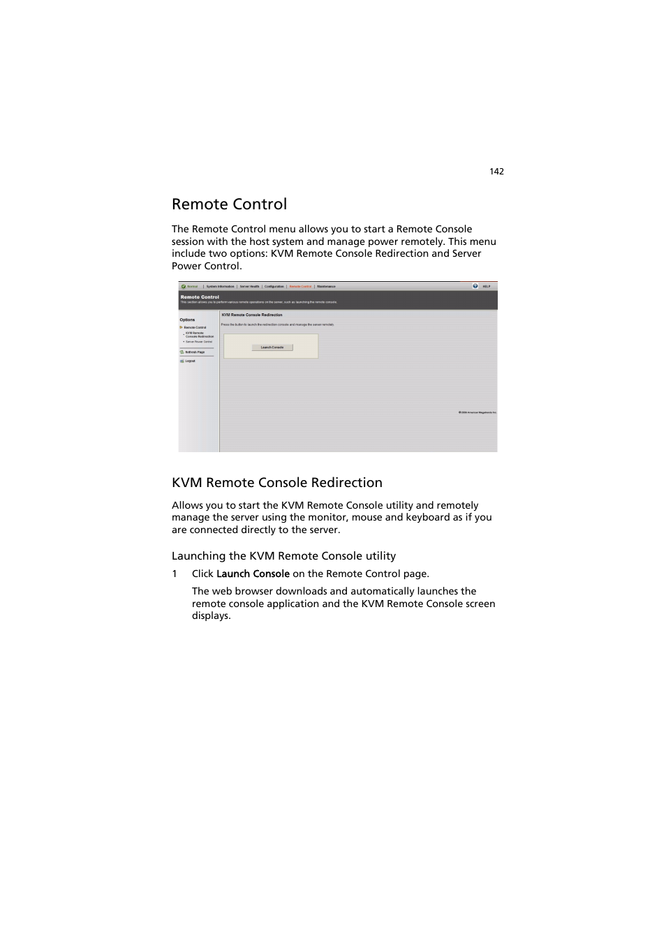 Remote control, Kvm remote console redirection | Acer AR320 F1 User Manual | Page 160 / 171