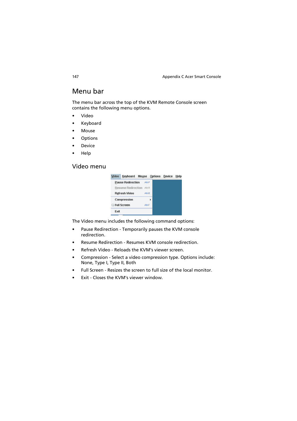 Menu bar, Video menu | Acer AR320 F1 User Manual | Page 165 / 171
