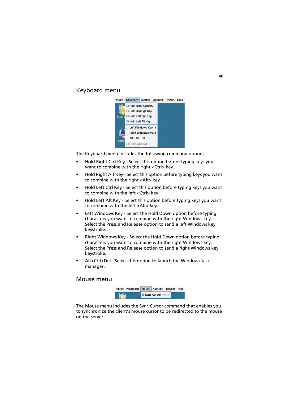 Keyboard menu, Mouse menu | Acer AR320 F1 User Manual | Page 166 / 171