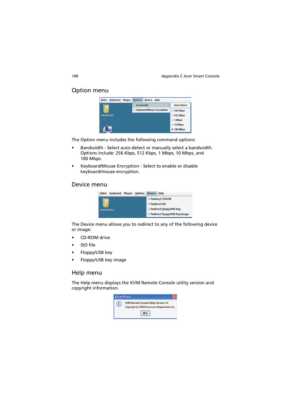 Option menu, Device menu, Help menu | Acer AR320 F1 User Manual | Page 167 / 171