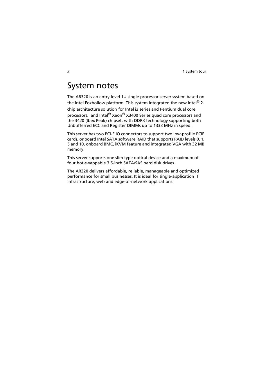 System notes | Acer AR320 F1 User Manual | Page 20 / 171