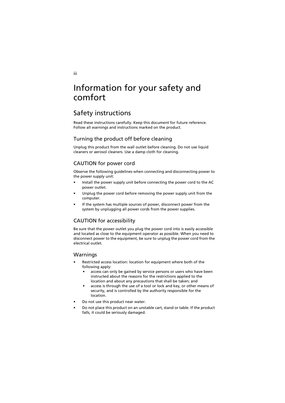 Information for your safety and comfort, Safety instructions | Acer AR320 F1 User Manual | Page 3 / 171