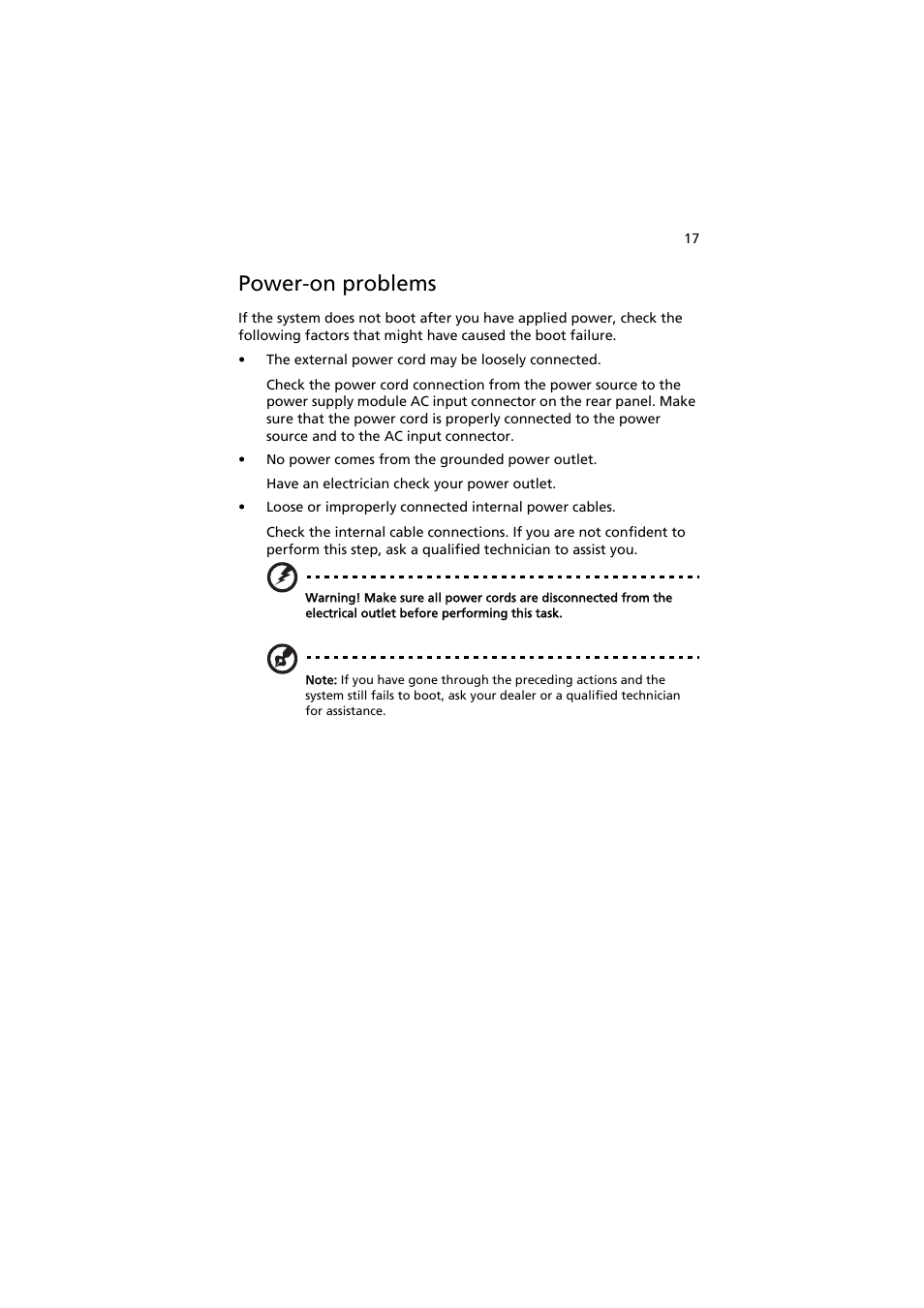 Power-on problems | Acer AR320 F1 User Manual | Page 35 / 171