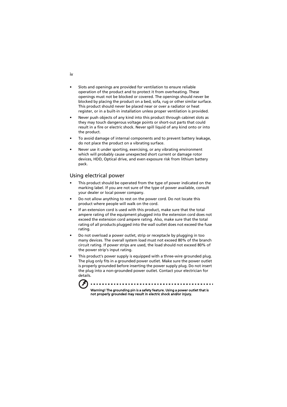 Using electrical power | Acer AR320 F1 User Manual | Page 4 / 171