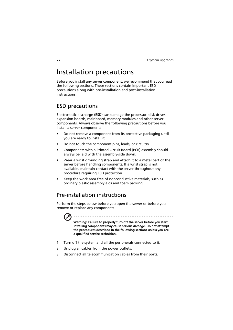 Installation precautions, Esd precautions, Pre-installation instructions | Pre-installation instructions 22 | Acer AR320 F1 User Manual | Page 40 / 171