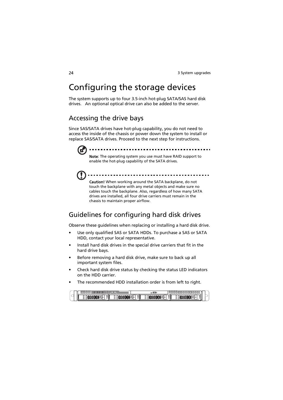 Configuring the storage devices, Accessing the drive bays, Guidelines for configuring hard disk drives | Acer AR320 F1 User Manual | Page 42 / 171