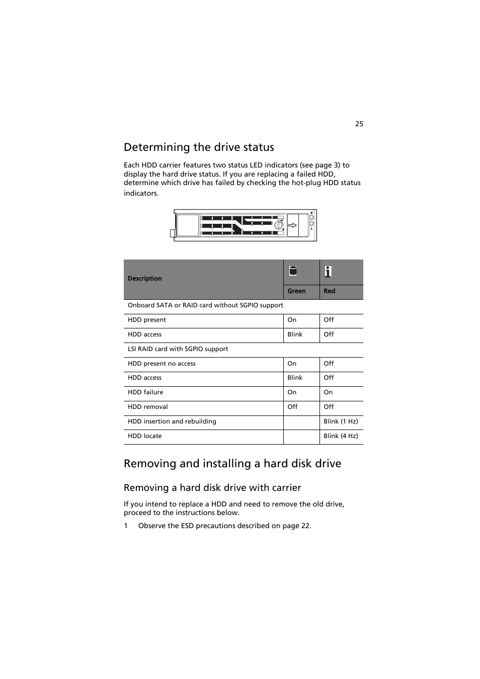 Determining the drive status, Removing and installing a hard disk drive, Removing a hard disk drive with carrier | Acer AR320 F1 User Manual | Page 43 / 171