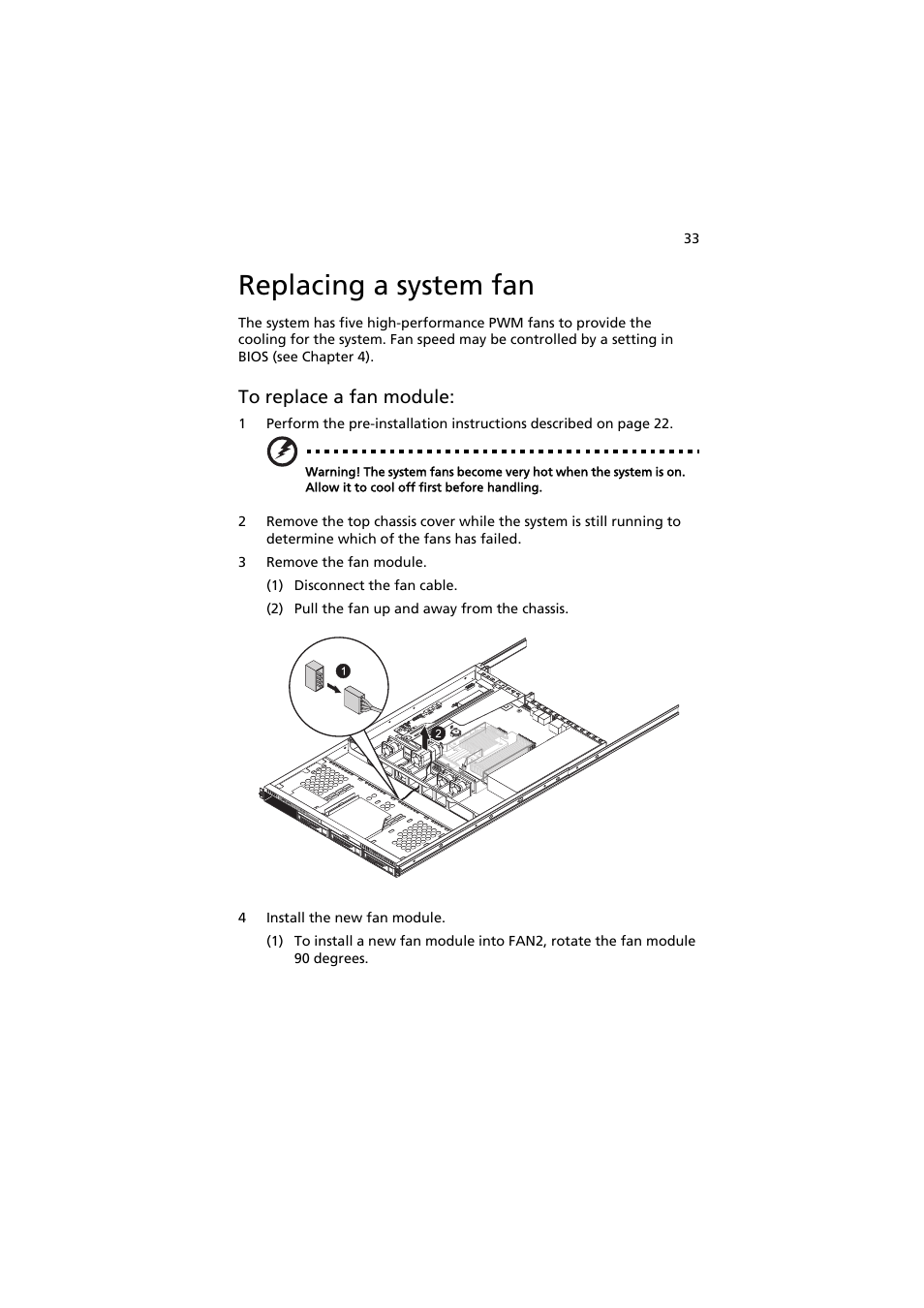 Replacing a system fan | Acer AR320 F1 User Manual | Page 51 / 171