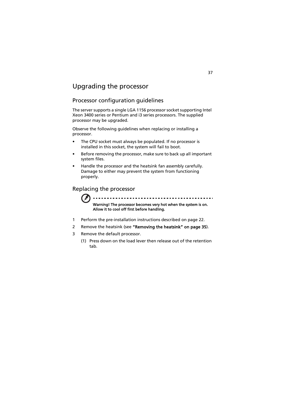 Upgrading the processor, Processor configuration guidelines, Replacing the processor | Acer AR320 F1 User Manual | Page 55 / 171