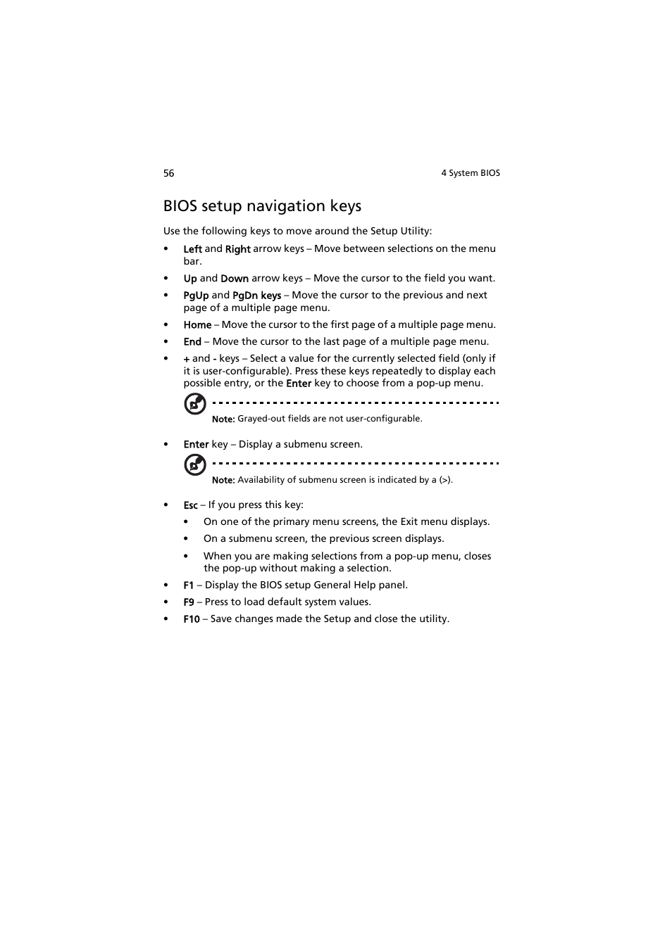 Bios setup navigation keys | Acer AR320 F1 User Manual | Page 74 / 171