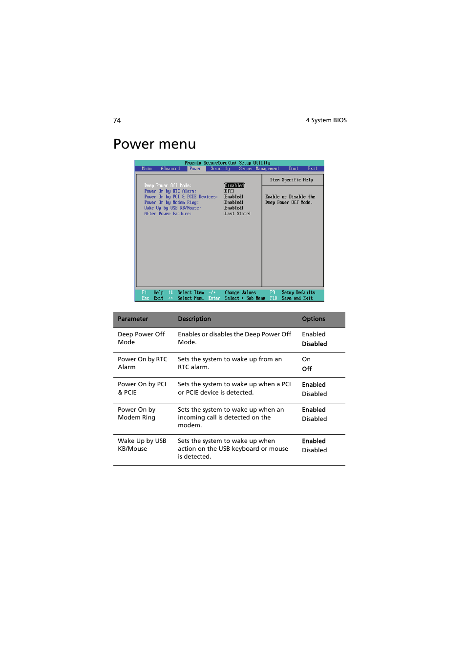 Power menu | Acer AR320 F1 User Manual | Page 92 / 171