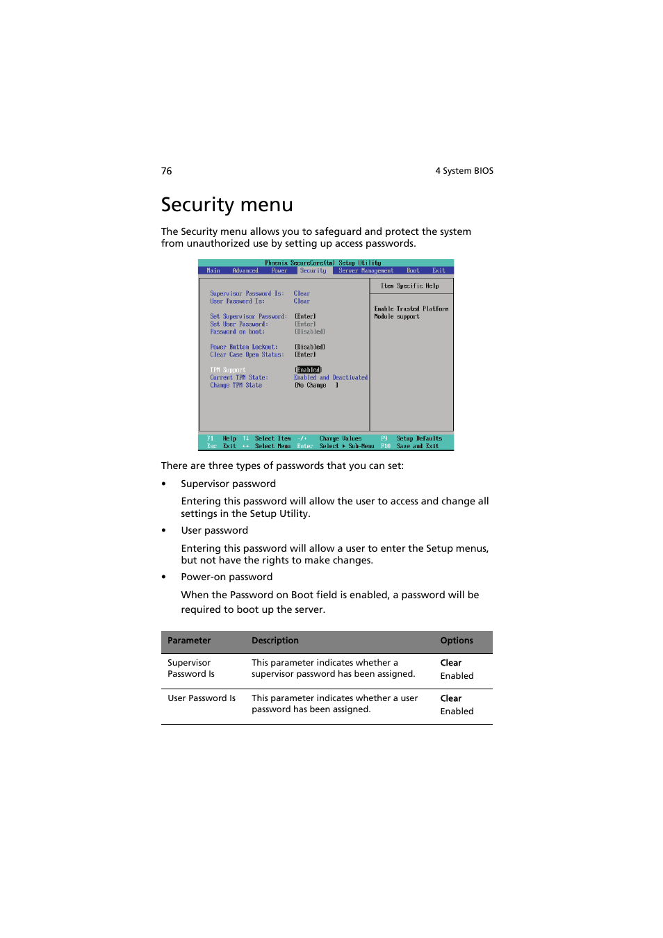 Security menu | Acer AR320 F1 User Manual | Page 94 / 171