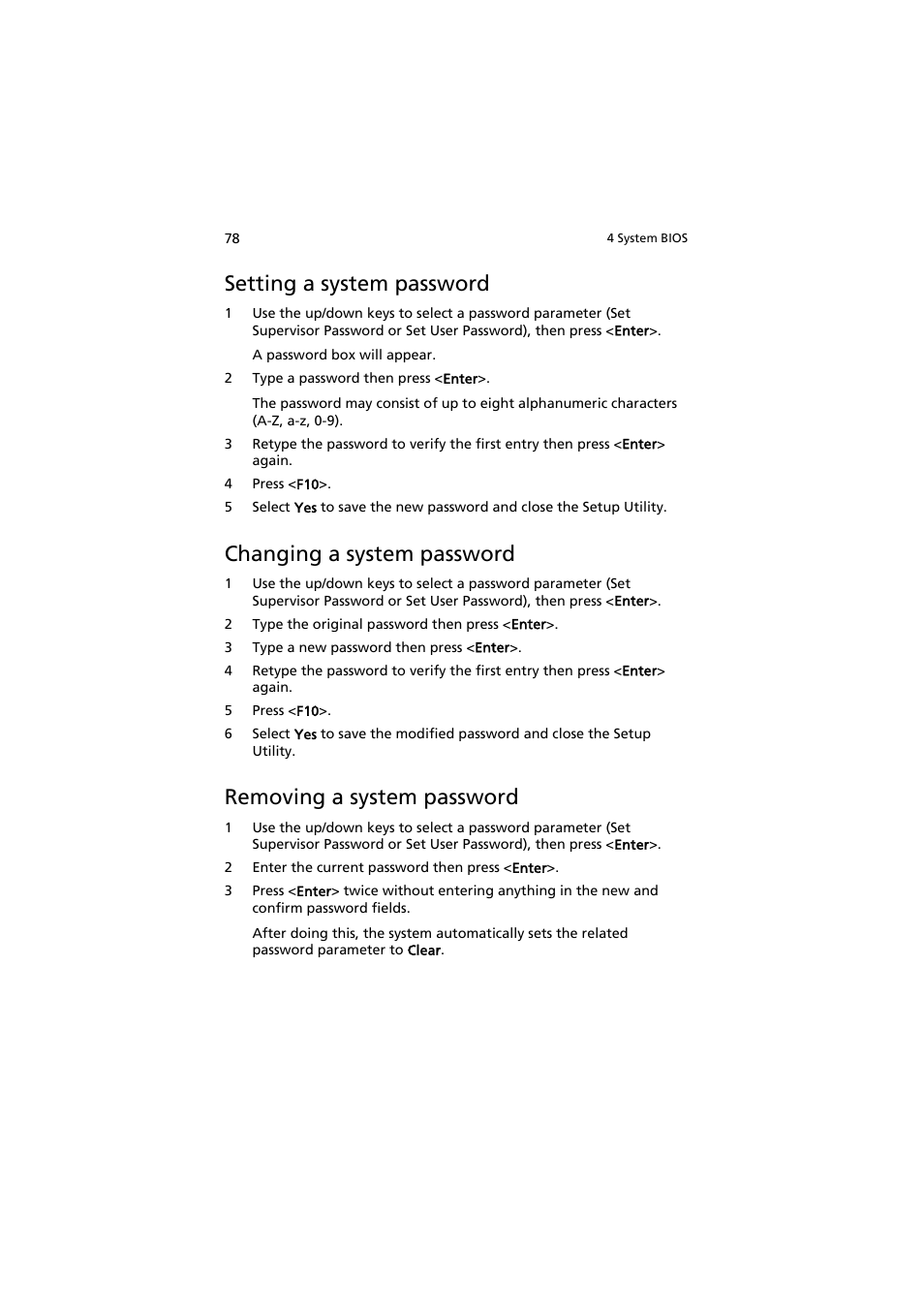 Setting a system password, Changing a system password, Removing a system password | Acer AR320 F1 User Manual | Page 96 / 171