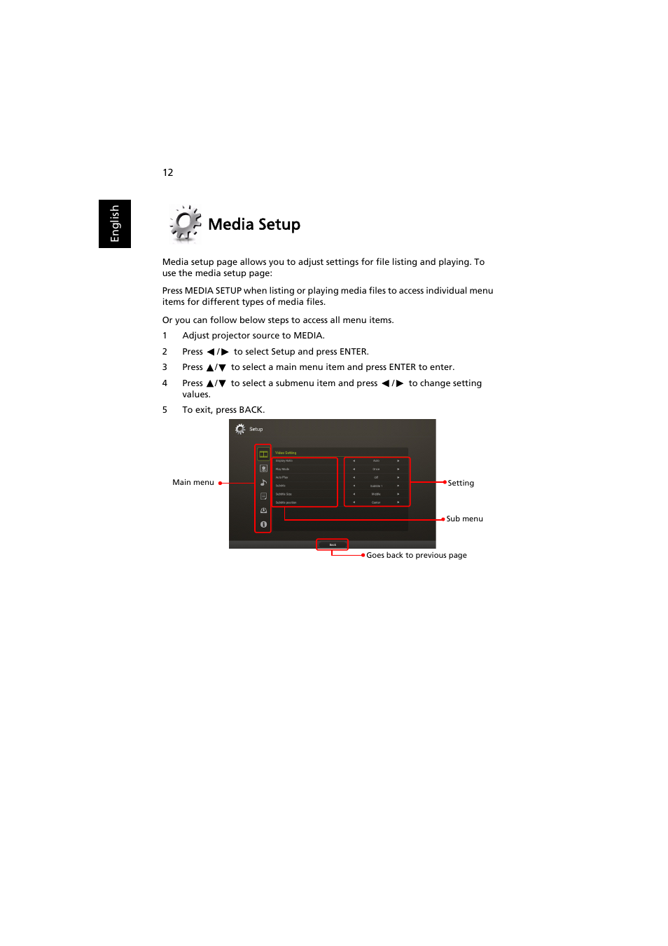 Media setup | Acer P1373WB User Manual | Page 12 / 58