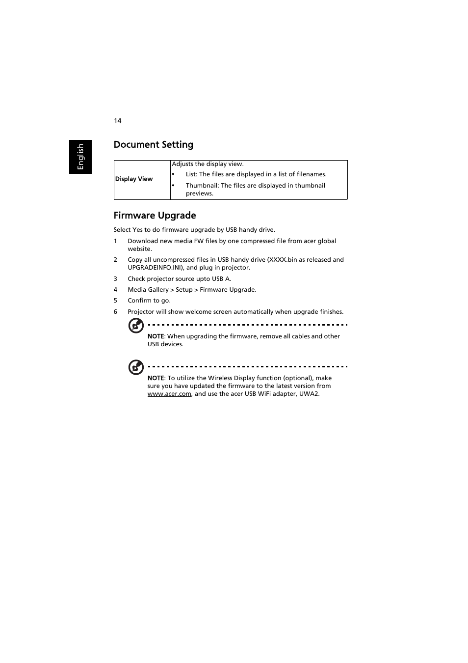 Document setting, Firmware upgrade, Document setting firmware upgrade | Acer P1373WB User Manual | Page 14 / 58