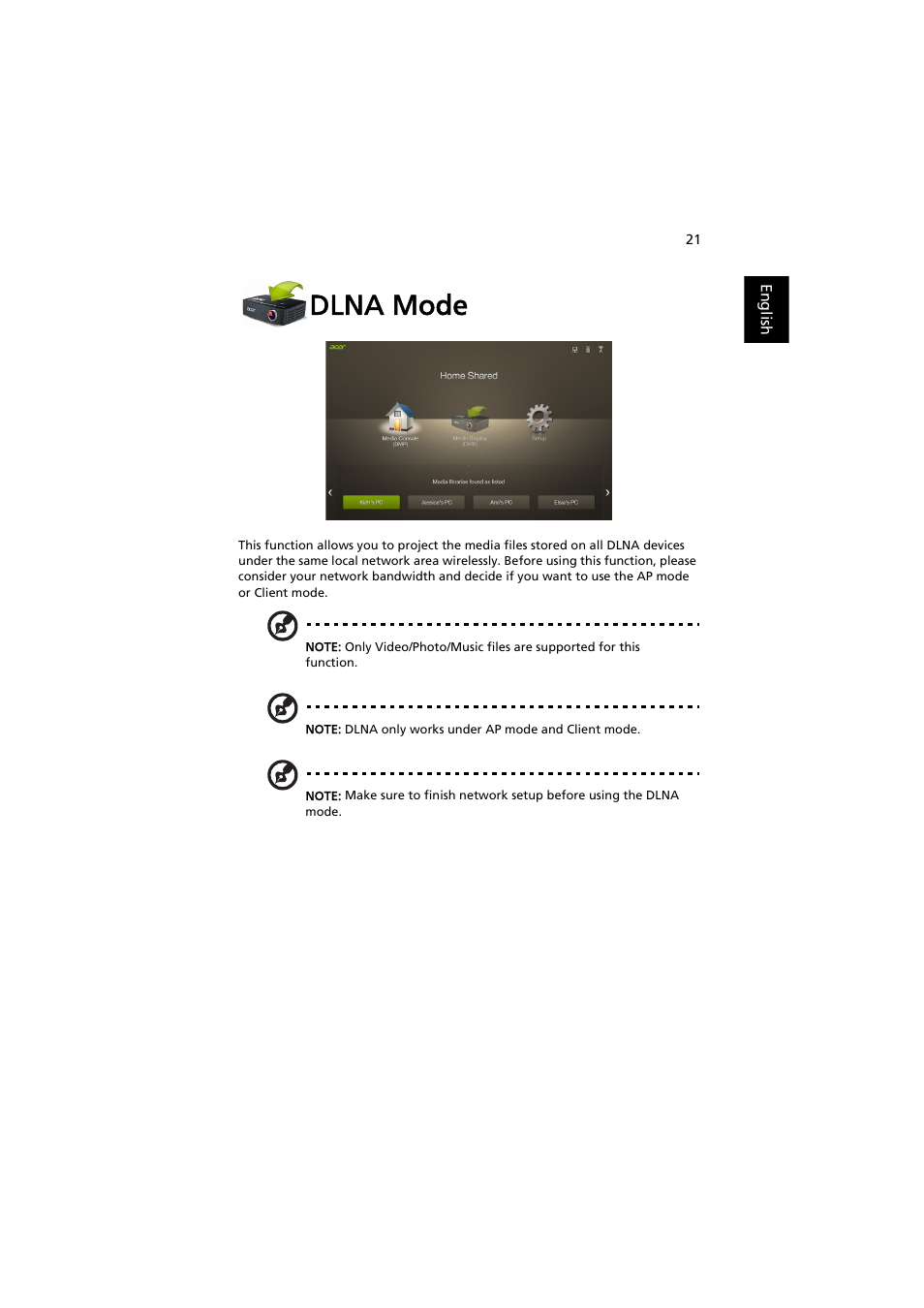 Dlna mode | Acer P1373WB User Manual | Page 21 / 58