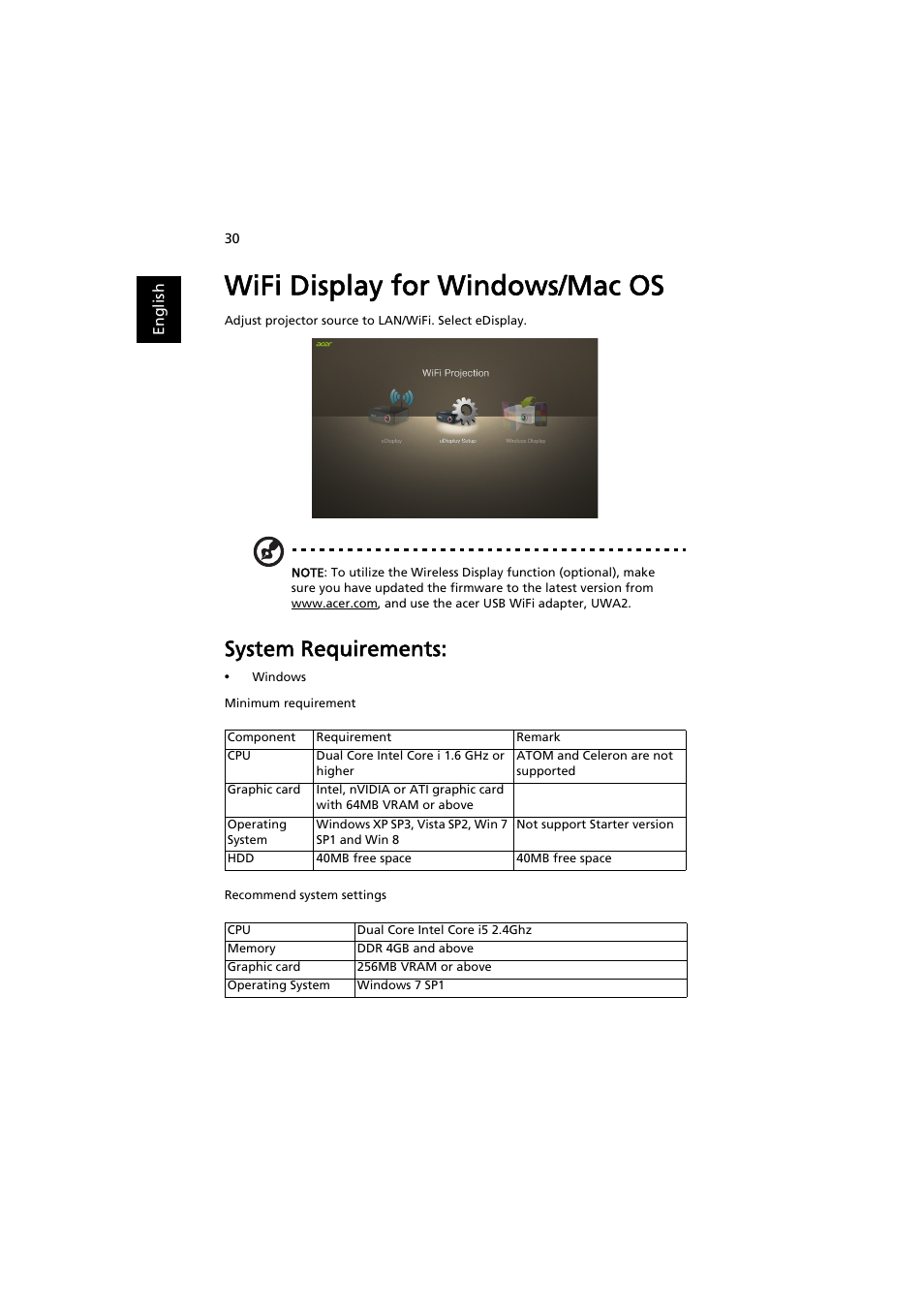 Wifi display for windows/mac os, System requirements | Acer P1373WB User Manual | Page 30 / 58