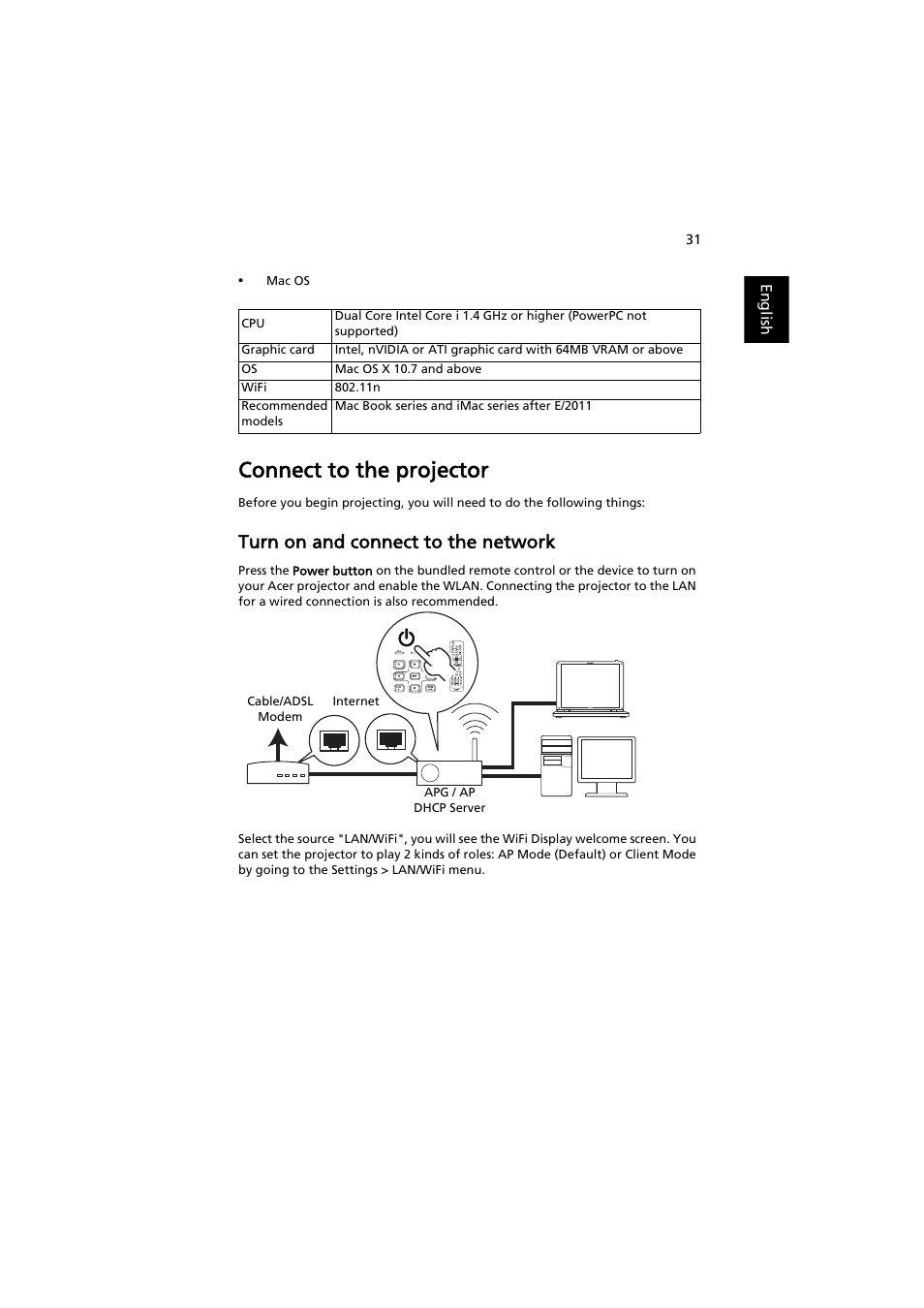 Connect to the projector, Turn on and connect to the network | Acer P1373WB User Manual | Page 31 / 58