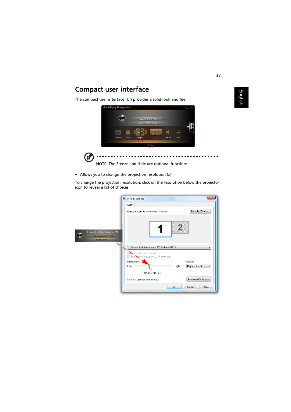 Compact user interface | Acer P1373WB User Manual | Page 37 / 58