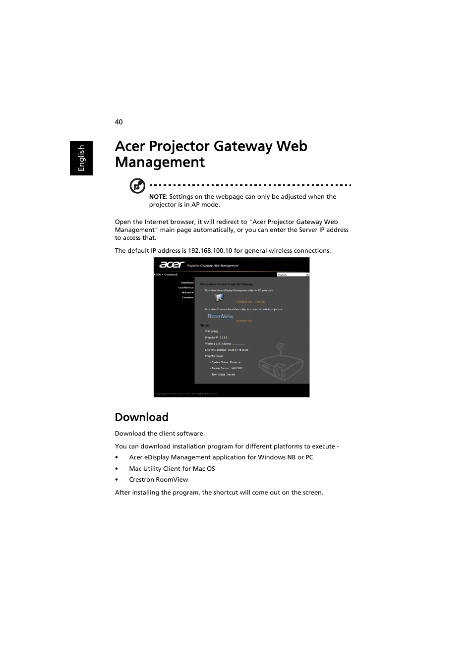 Acer projector gateway web management, Download | Acer P1373WB User Manual | Page 40 / 58