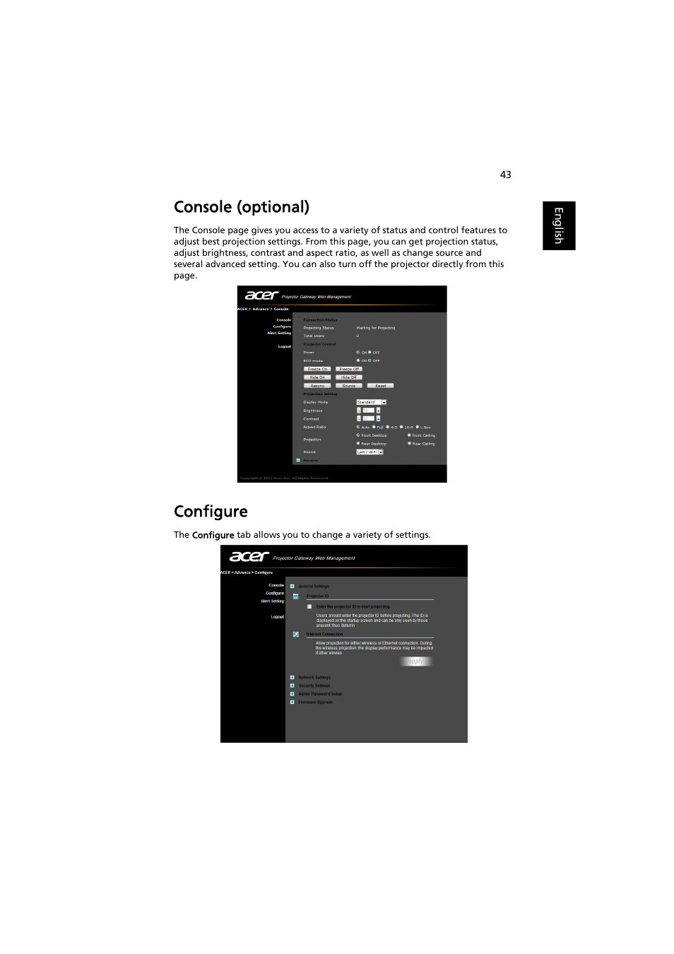 Console (optional), Configure | Acer P1373WB User Manual | Page 43 / 58