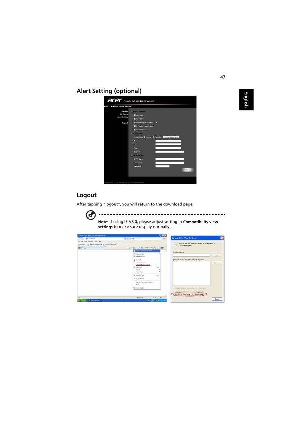 Alert setting (optional), Logout, Alert setting (optional) logout | Acer P1373WB User Manual | Page 47 / 58