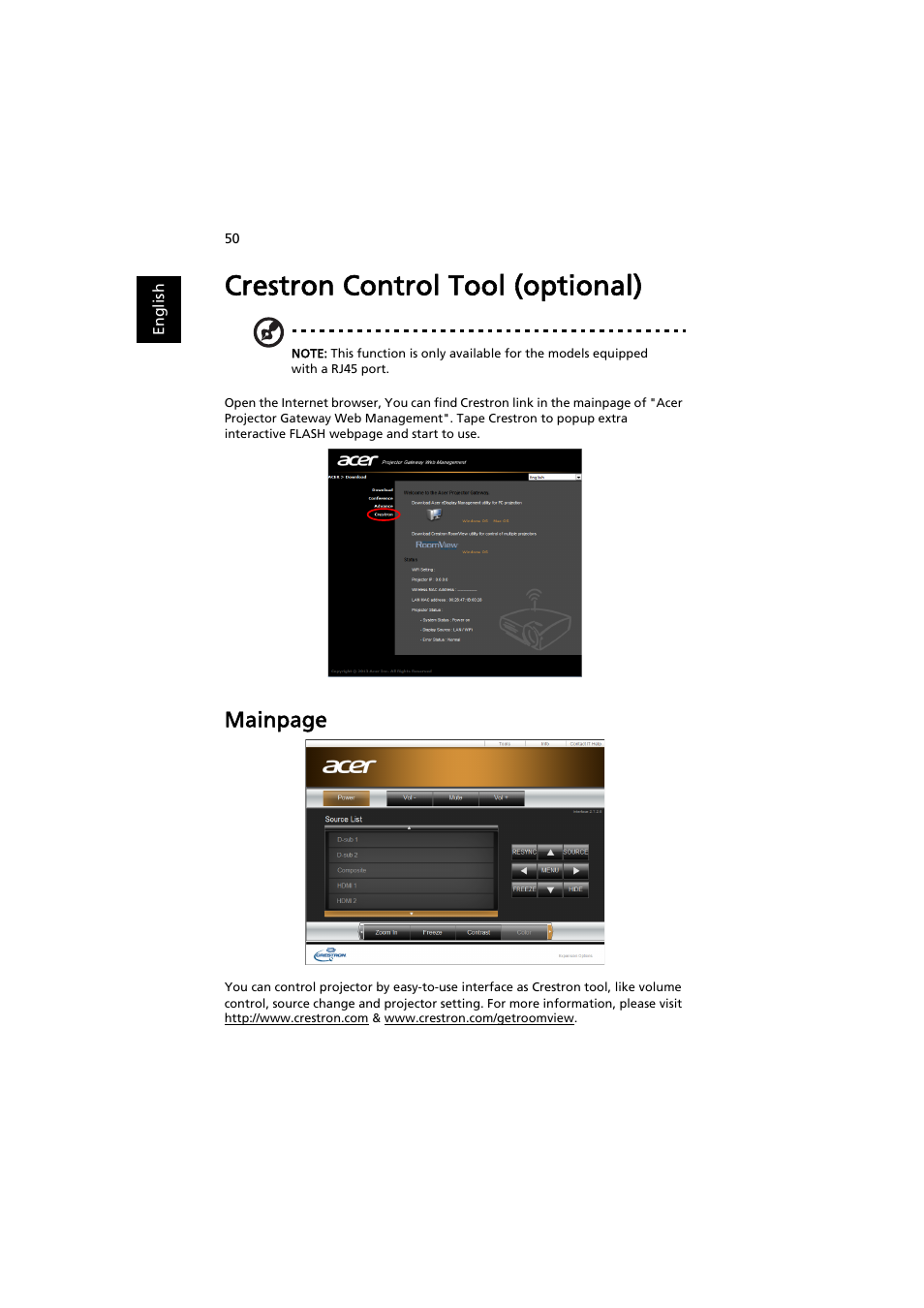 Crestron control tool (optional), Mainpage | Acer P1373WB User Manual | Page 50 / 58