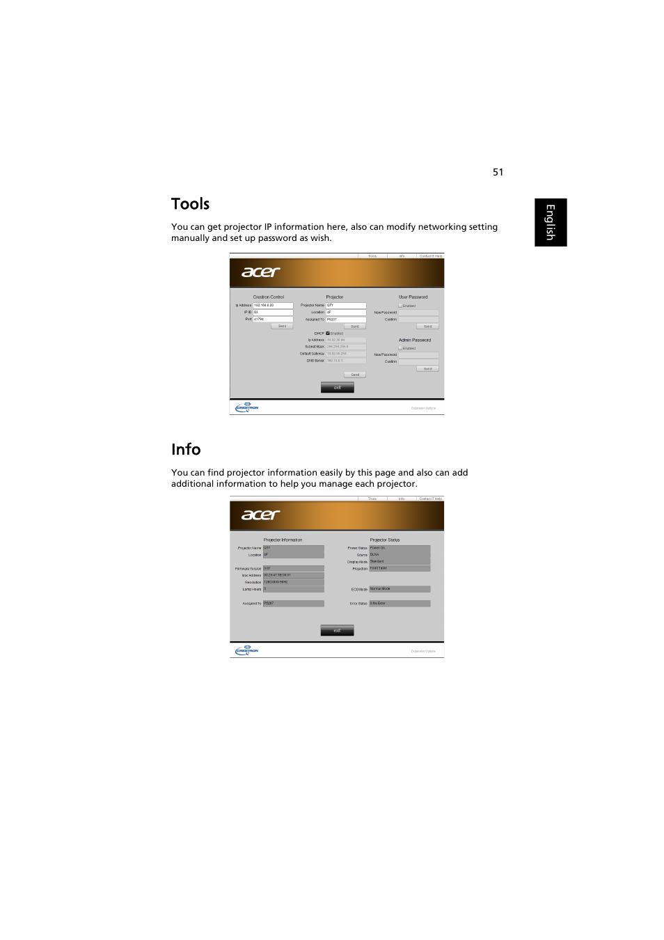 Tools, Info | Acer P1373WB User Manual | Page 51 / 58