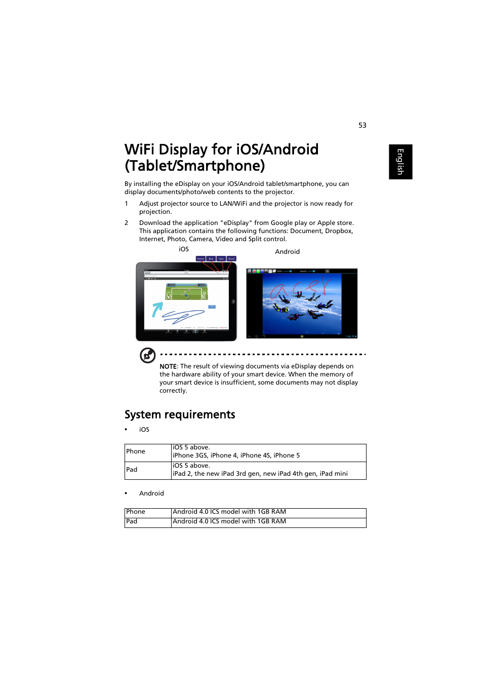 Wifi display for ios/android (tablet/smartphone), System requirements | Acer P1373WB User Manual | Page 53 / 58