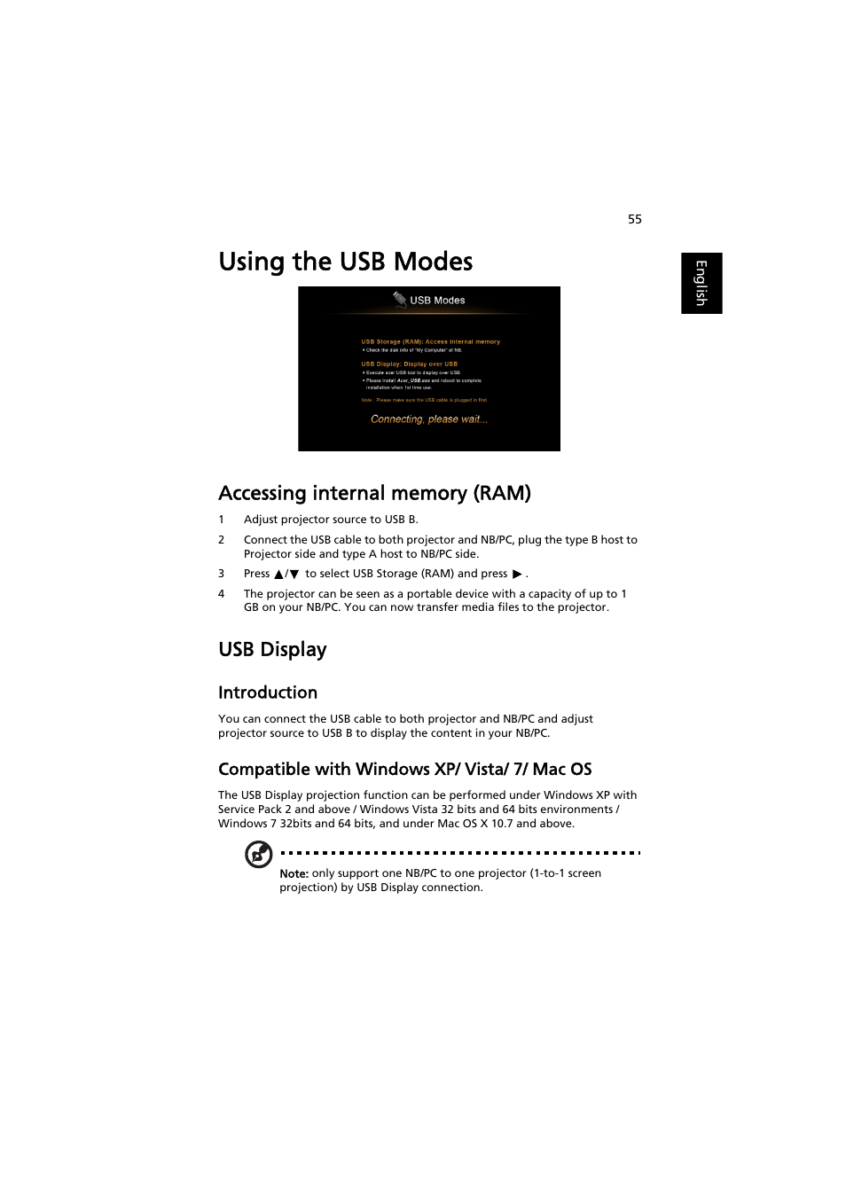 Using the usb modes, Accessing internal memory (ram), Usb display | Introduction, Compatible with windows xp/ vista/ 7/ mac os | Acer P1373WB User Manual | Page 55 / 58