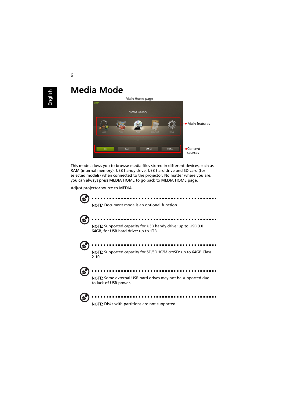 Media mode | Acer P1373WB User Manual | Page 6 / 58