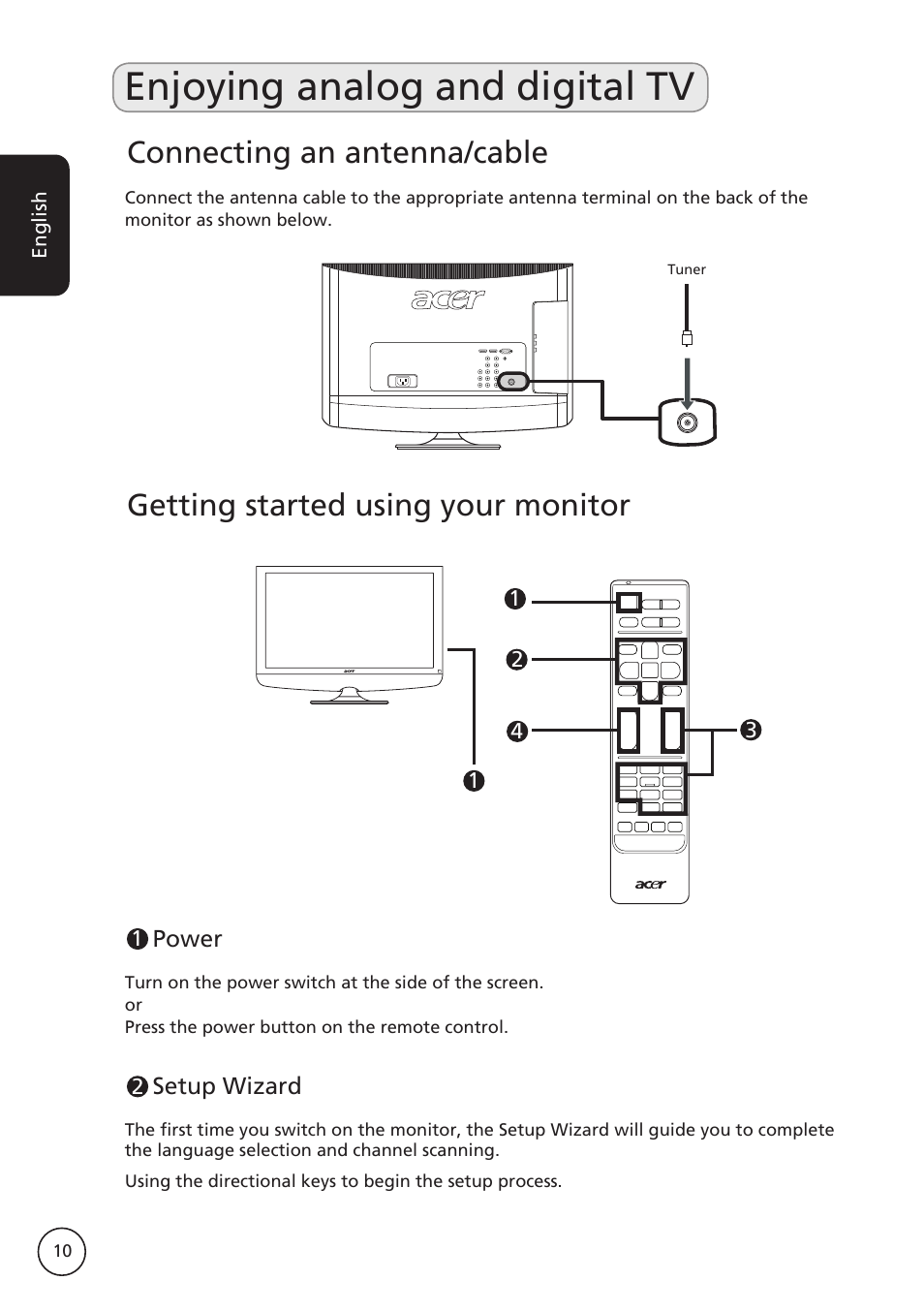 Enjoying analog and digital tv, Getting started using your monitor, Connecting an antenna/cable | Acer M230A User Manual | Page 10 / 31