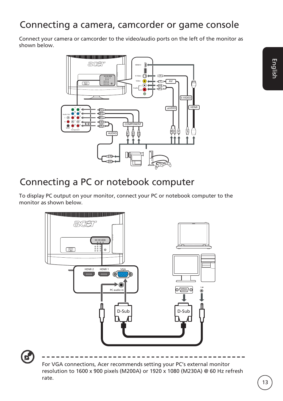 Connecting a camera, camcorder or game console, English, D-sub | Acer M230A User Manual | Page 13 / 31